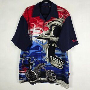 Vintage Y2K Dragonfly Roadhouse Skull Biker Mens XL Short Sleeve Button Shirt